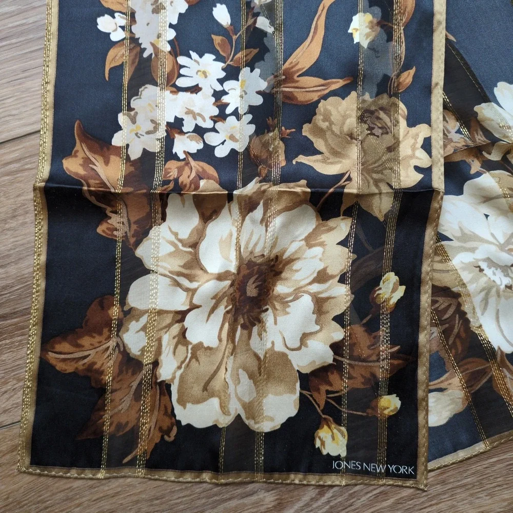 Jones New York Silk Floral Oblong Scarf - Black, Tan,‎ Gold Moody